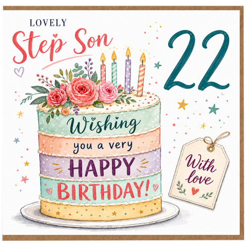 Son 22nd Birthday Card, Lovely Step Son 22 with Flowers and Cake Design
