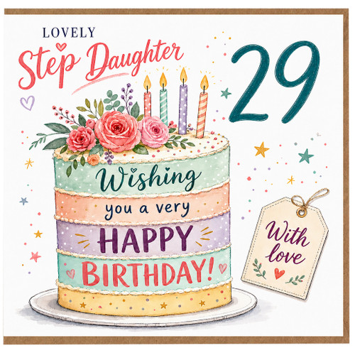 Step Daughter 29th Birthday Card, Lovely Happy Birthday Card with Floral Cake Design