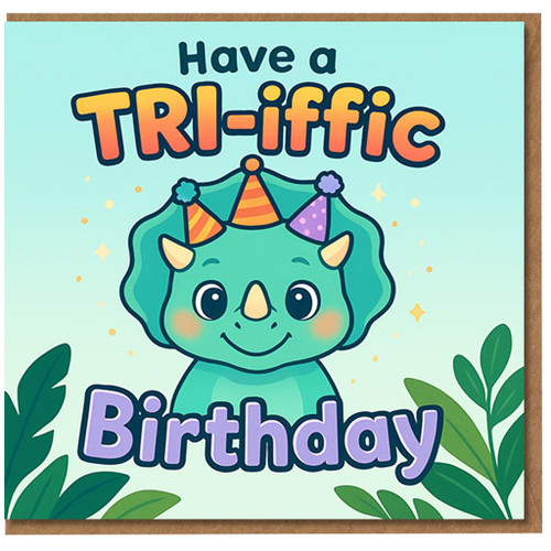 Kids Dinosaur Birthday Card - Cute Triceratops with Party Hats - 'Have a TRI-iffic Birthday' Pun - Fun Children's Birthday Card for Boys or Girls
