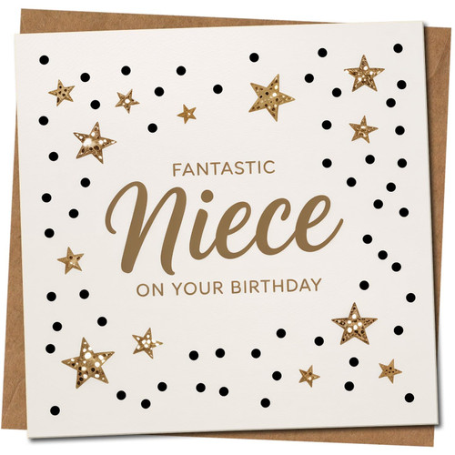Fantastic Niece Birthday Card - Gold Stars and Dots Design - 145mm x 145mm Square Card for Niece - Birthday Greeting, Includes Kraft Envelope
