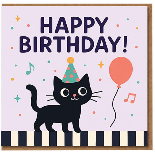 Cute Black Cat Birthday Card - Party Hat, Balloon & Confetti with Musical Notes - 'Happy Birthday!' Cat Lover Card for Kids, Teens or Friends
