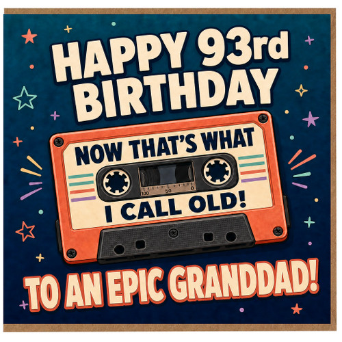 Granddad 93rd Birthday Card, Funny Retro Cassette Birthday Card