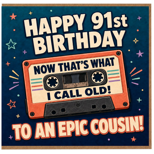 91st Birthday Card for Cousin, Retro Cassette Tape Happy 91st Birthday Card