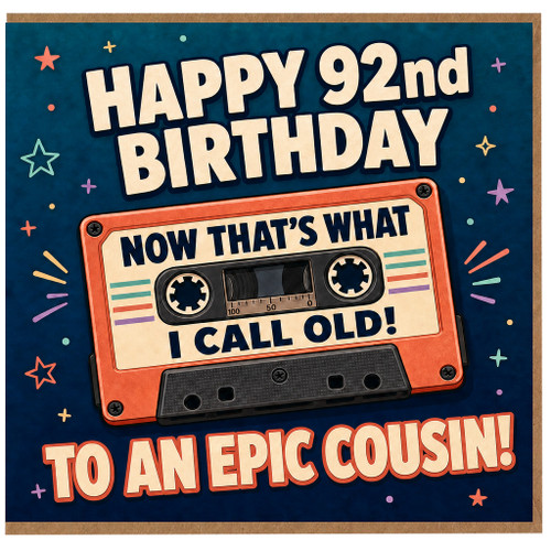 92nd Birthday Card for Cousin, Retro Cassette Tape Birthday Card