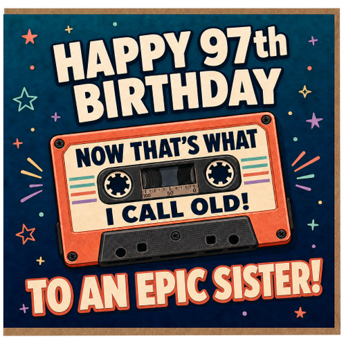 97th Birthday Card for Sister, Retro Cassette Funny Birthday Card