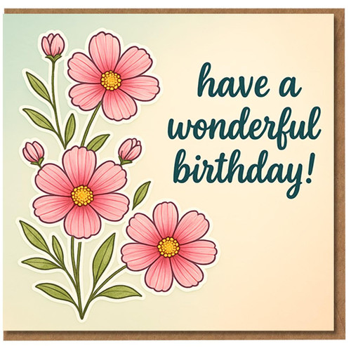 Have a Wonderful Birthday Card - Pink Cosmos Flowers with Handwritten Script - Heartfelt Floral Greeting