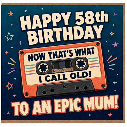 58th Birthday Card for Mum, Retro Cassette Tape Funny Birthday Card