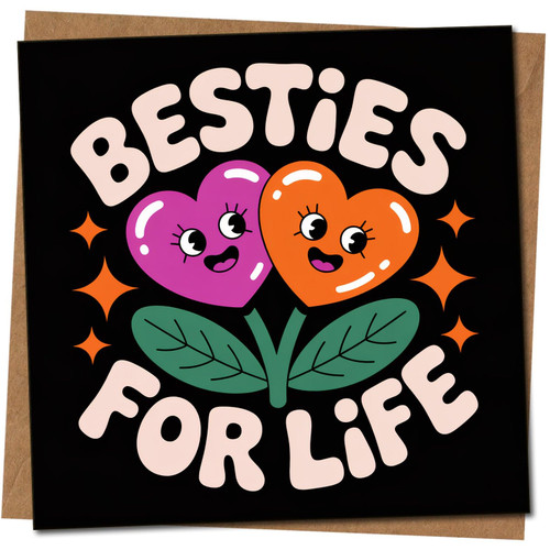 Besties For Life Friendship Card - Cute Heart Flower Design, Perfect for Best Friend Birthday or Just Because - 145mm x 145mm Square -, Includes Kraft Envelope
