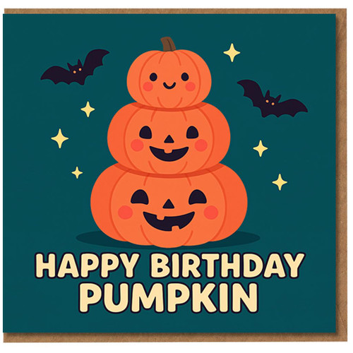 Happy Birthday Pumpkin Card - Cute Stacked Pumpkins with Bats and Stars - Halloween Birthday Pun Design