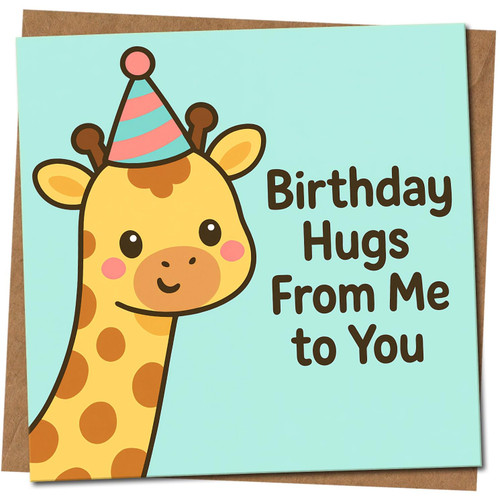 Cute Giraffe Birthday Card - 'Birthday Hugs From Me to You' - 145mm x 145mm Square - Party Hat Design - For Children or Anyone -, Includes Kraft Envelope
