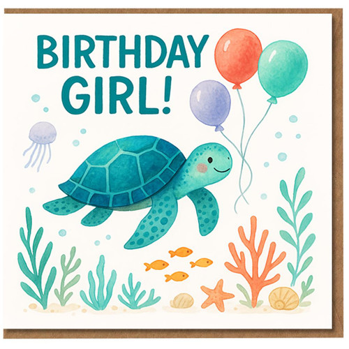 Birthday Girl Card - Cute Sea Turtle and Balloons, Underwater Ocean Animals Kids Birthday Card for Daughter, Niece or Little Friend