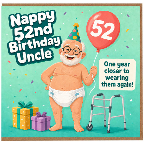 52nd Birthday Uncle Card, Funny Nappy Birthday Card