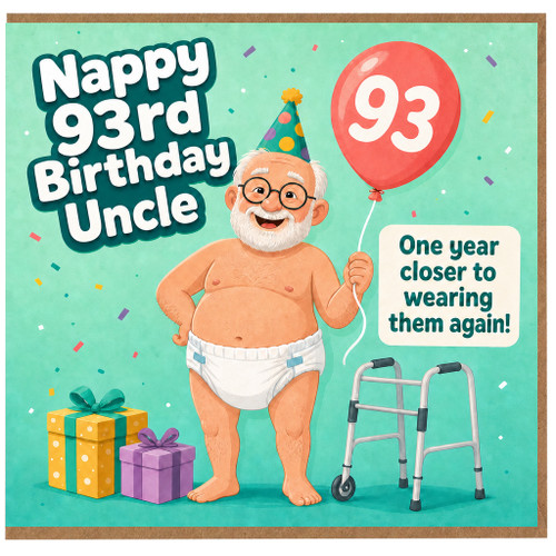 93rd Birthday Card for Uncle, Funny Nappy Birthday Card, Humorous Birthday Card for Him