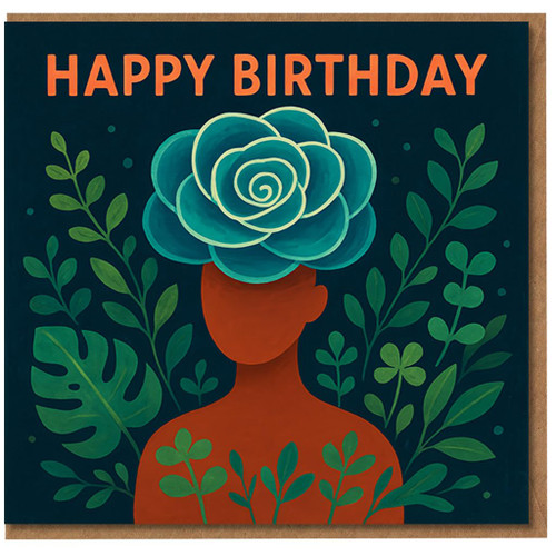 Happy Birthday Card - Botanical Flower Head Illustration on Deep Teal, Modern Plant Lover Design