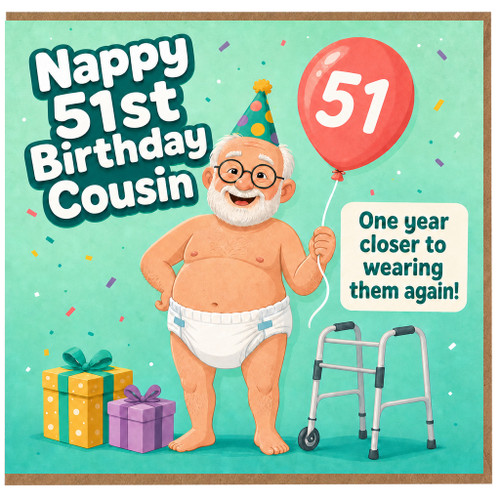 Cousin 51st Birthday Card Funny Nappy Joke Card
