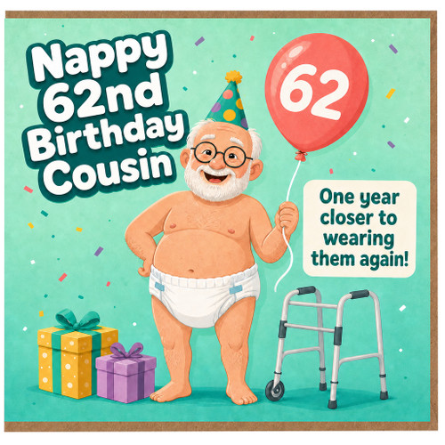 62nd Birthday Card for Cousin, Funny Nappy Birthday Card