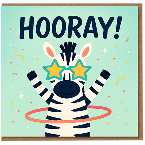 HOORAY Zebra Congratulations Card - Cute Zebra with Star Glasses and Hula Hoop - Fun Celebration Card for Exam Pass, New Job, Graduation or Any Achievement