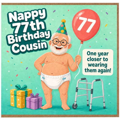 77th Birthday Card for Cousin, Nappy 77th Birthday Funny Birthday Card