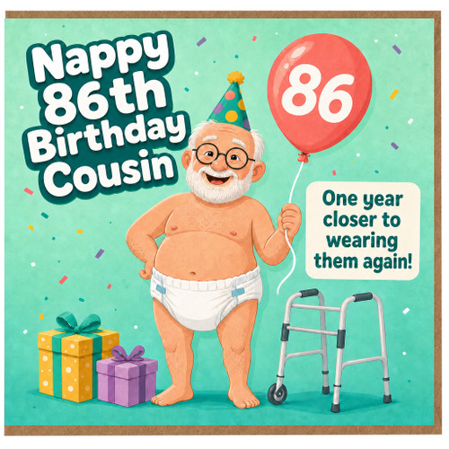 Cousin 86th Birthday Card, Funny Nappy Birthday Card