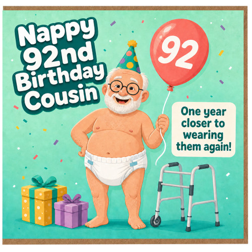 Cousin 92nd Birthday Card, Funny Nappy Birthday Card for Cousin