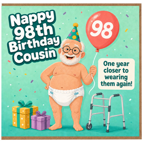 98th Birthday Card for Cousin, Funny Nappy Birthday Card