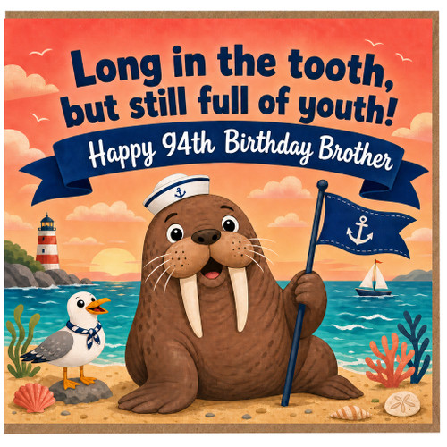 94th Birthday Brother Card, Funny Nautical Walrus Birthday Card