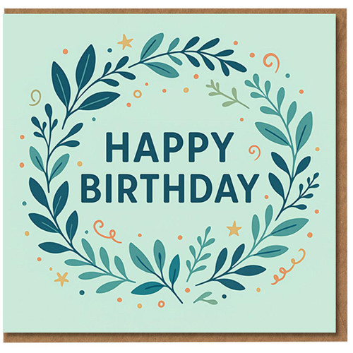 Happy Birthday Card - Botanical Leaf Wreath on Soft Mint with Confetti Stars - Modern Unisex Birthday Greeting for Friends and Family