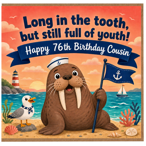 76th Birthday Card for Cousin, Cute Nautical Walrus Birthday Card
