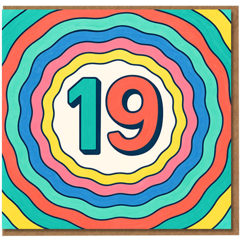 19th Birthday Card - Bold Retro Rainbow Waves with Big Number 19 - Colourful Milestone Design for Nineteen
