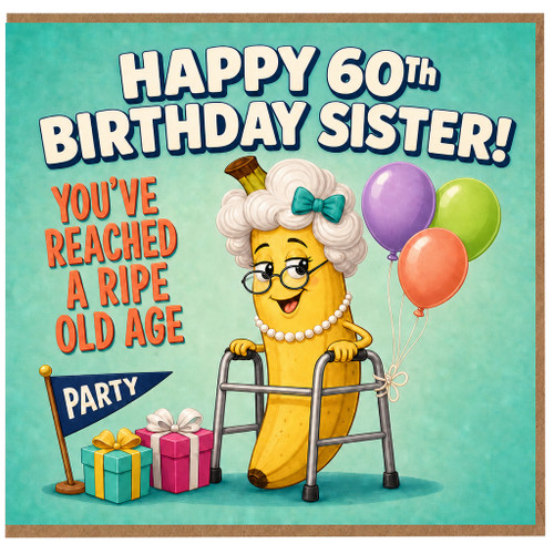 60th Birthday Sister Card, Funny Banana Birthday Card