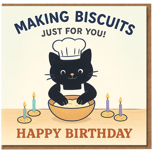 Cute Cat Making Biscuits Birthday Card - 'Making Biscuits Just For You! Happy Birthday' - Baking Cat with Candles - Fun Card for Lovers, Friends or Family