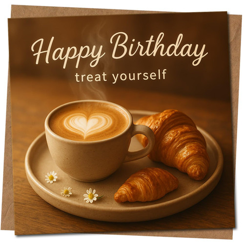 Happy Birthday Card 'Treat Yourself' Coffee & Croissants Latte Art - Square Greeting Card for Adults & Friends - 145mm x 145mm, Includes Kraft Envelope
