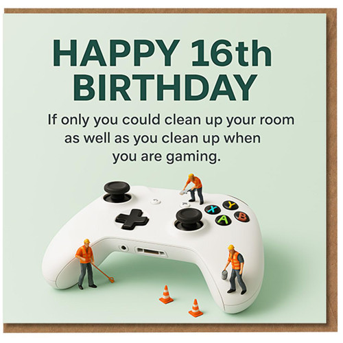 Funny 16th Birthday Card for Gamer - Games Controller with Mini Workers Joke - Teen Gaming Humour