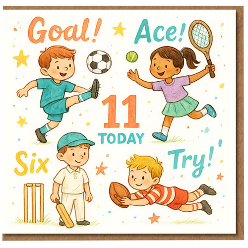 11th Birthday Card for Kids - Sporty Design with Football, Tennis, Cricket and Rugby - '11 Today' with 'Goal!', 'Ace!', 'Six', 'Try!' - Cute Children's Birthday Card
