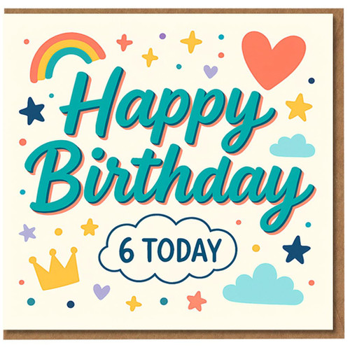 6th Birthday Card for Kids - Happy Birthday '6 Today' - Cute Rainbow, Stars, Clouds & Crown Design - Child's Sixth