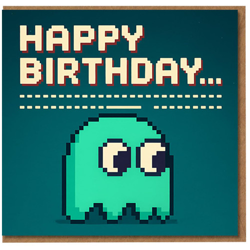 Retro 8-Bit Gamer Birthday Card - Pixel Ghost with 'HAPPY BIRTHDAY...' Arcade Design, Funny Gaming Card for Friends, Him or Her