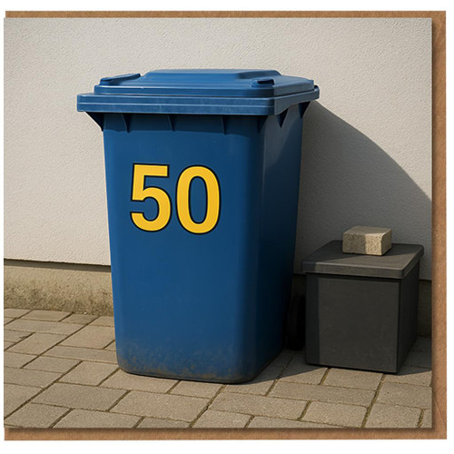 Funny 50th Birthday Card - Blue Wheelie Bin with Bold Yellow 50 - Milestone Humour for Him or Her