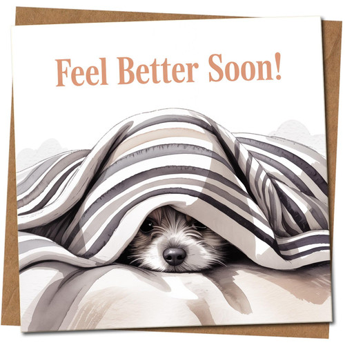 Feel Better Soon Dog Under Blanket Get Well Soon Card - 145mm x 145mm - Cute Pup Illustration, Includes Kraft Envelope