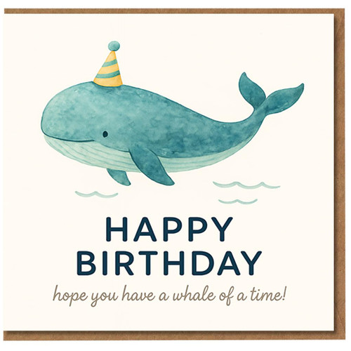 Funny Birthday Card - Cute Whale with Party Hat - “Happy Birthday, Hope You Have a Whale of a Time” Pun - Ocean Animal Design for Kids or Adults