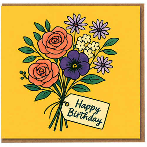 Happy Birthday Floral Bouquet Card - Hand-Drawn Roses, Daisies and Purple Pansy on Bright Yellow - Elegant Botanical Birthday Greeting