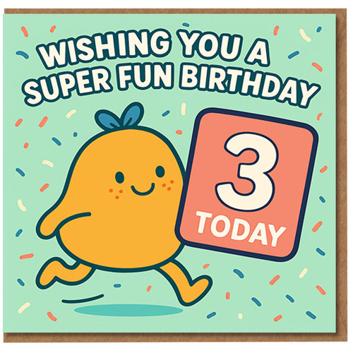 Age 3 Birthday Card for Child - Cute Running Character, Confetti - Wishing You a Super Fun Birthday - 3 Today