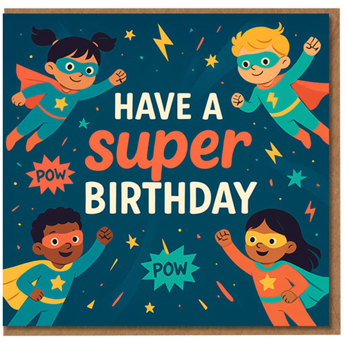 Kids Superhero Birthday Card - 'Have a Super Birthday' with Comic POW Stars and Lightning, Fun Colourful Design for Boys or Girls
