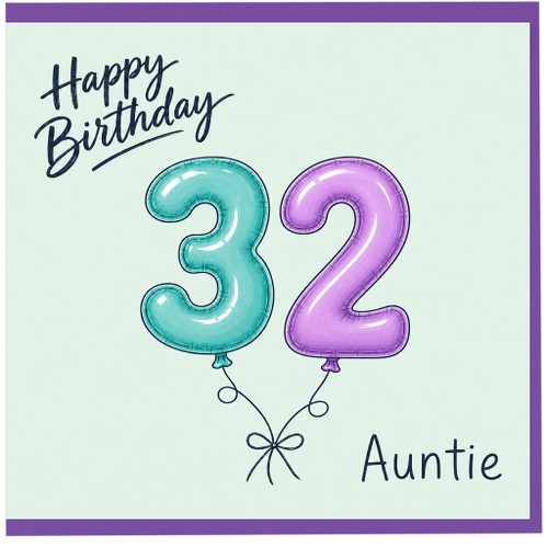 Auntie 32nd Birthday Card, Happy Birthday Balloon Number Card
