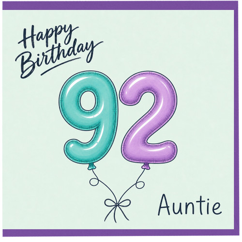 Auntie 92nd Birthday Card, Happy Birthday 92 Balloon Design