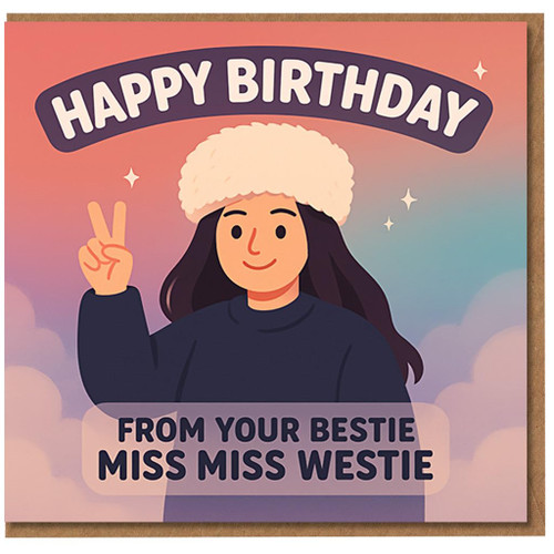 Happy Birthday Card for Best Friend - From Your Bestie, Cute Peace Sign Girl Illustration with Fluffy Hat, Pastel Sky and Stars