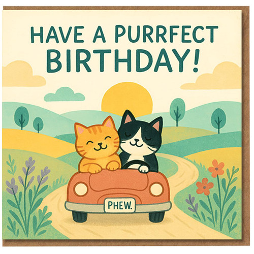 Have a Purrfect Birthday Card - Cute Cats in a Car at Sunset, Punny Cat Lover Design