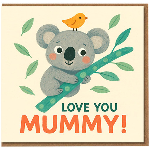 Love You Mummy Koala Card - Cute Koala with Bird Illustration - Mother's Day Card from Kids, Daughter or Son