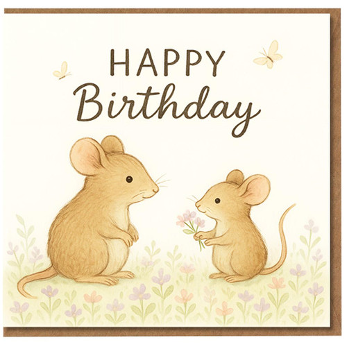Cute Mice Happy Birthday Card - Little Mouse Giving Flowers, Butterflies and Wildflowers - Sweet Illustrated Animal Design
