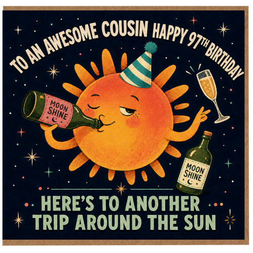 97th Birthday Card for Cousin, Funny Trip Around the Sun Moonshine Design