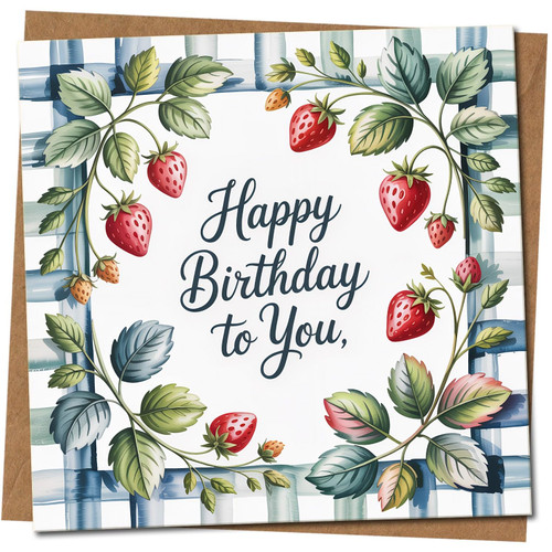 Strawberry Wreath Birthday Card - Happy Birthday to You - Square 145mm x 145mm, Botanical Watercolour Design, Includes Kraft Envelope